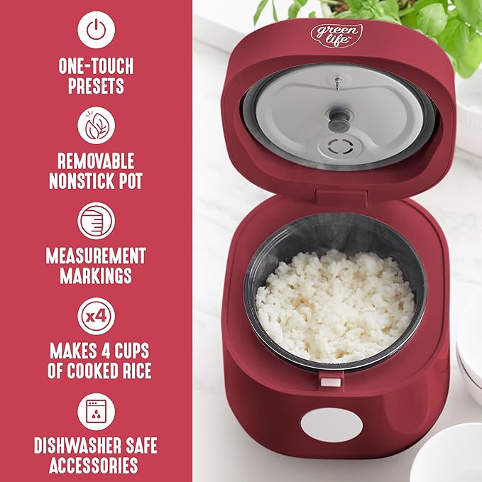 GreenLife Digital Rice Cooker, 2-Cups Uncooked/4-Cups Cooked, Removable Nonstick Ceramic PFAS-Free Pot, One-Touch Presets, Oats, Quinoa, Brown Rice, Auto Keep Warm, Fuzzy Logic Tech, 1.5QT, Red