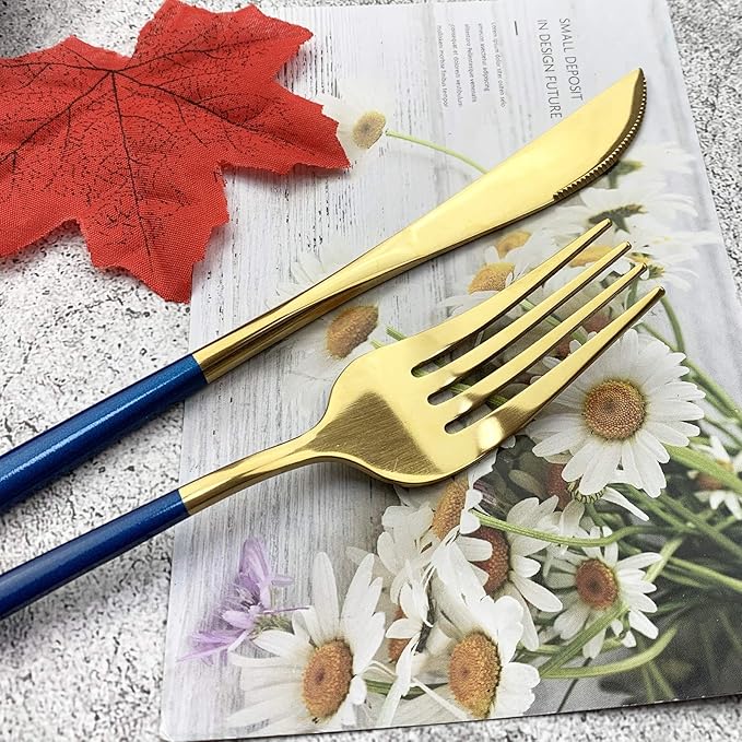 JASHII 18/10 Silver Silverware Set Stainless Steel Flatware Utensils Set Gold Cutlery Set| 36-Piece Modern Cubiertos Dorados| BEST Birthday Wedding Gift (6 sets, Blue Handle Gold Mirror Polish)