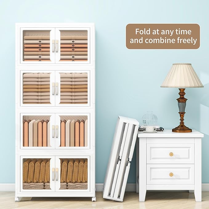 Large Stackable Storage Bins with Lids, 460QT-115QT*4Pack Foldable Cabinet for Closet Organizers, Plastic Storage Containers Box with Wheels