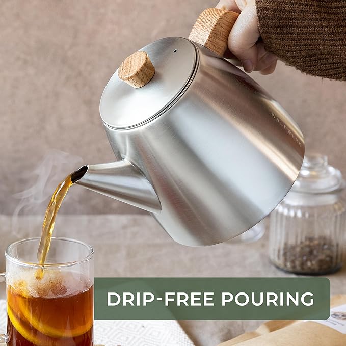 WALDWERK Tea Pot with Infuser - Double Wall Stainless Steel Teapot - Tea Pot with Infuser for Loose Tea - Made from 304 Stainless Steel and Oak Wood - Isolated Teapot with Strainer - 100% Drip Free