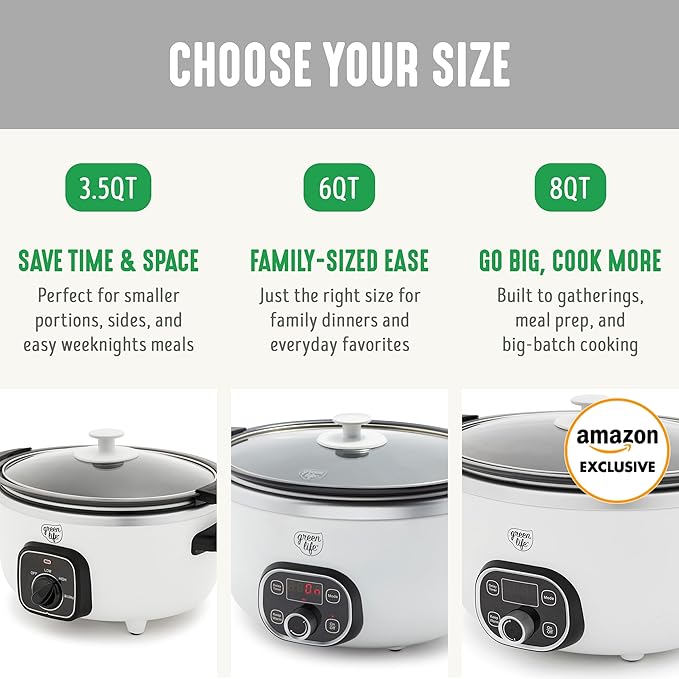GreenLife 8QT Slow Cooker, Non-Toxic PFAS-Free Ceramic Nonstick Removable Interior Bowl, Programmable, Family Friendly, Keep Warm, Stovetop & Oven Safe, Dishwasher Safe Crock, Timer, Glass Lid, White