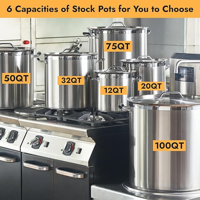 CURTA 75 Quart Large Stock Pot with Lid, NSF Listed, 3-Ply Clad Base, 18/8 Stainless Steel Cooking Pot, Commercial Cookware, Induction Ready, 17.7"D x 18.7"W x 17.7"H