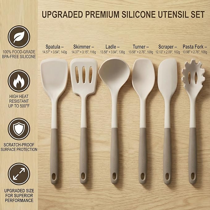 6-Piece Silicone Kitchen Utensil Set, NON-PLASTIC 500°F Heat-Resistant BPA-Free Dishwasher Safe Cooking Tools with Upgraded Spatula, Turner Ladle Skimmer Pasta Fork Scraper, Cream White &Mocha