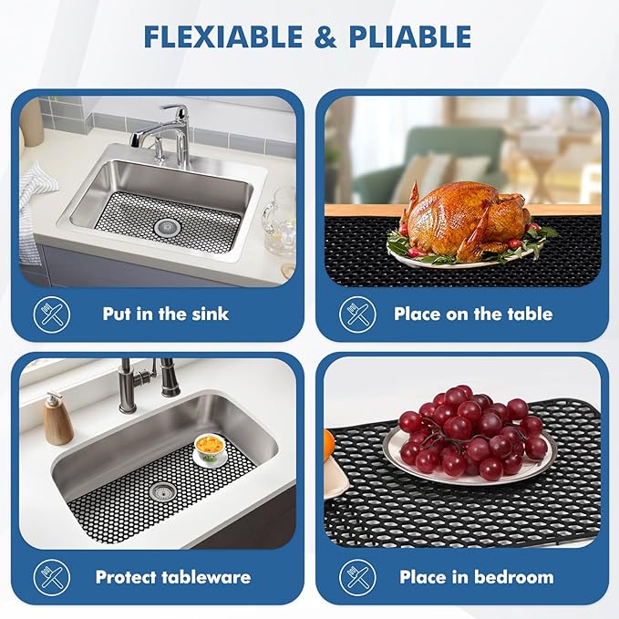 Silicone Sink Protectors for Kitchen Sink with Center Drain, 26"x 14" Kitchen Grid Accessory, Non-Slip Heat-Resistant Mat for Bottom of Farmhouse Porcelain Stainless Steel (Center Hole,Black)