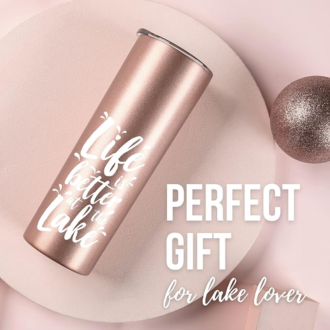 Onebttl Lake House Gifts for Women, 20oz Stainless Steel Insulated Tumbler, Housewarming Gifts for Lake Lovers - Rose Gold, Life is Better at the Lake 01