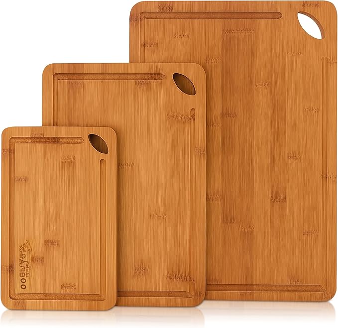 Carbonized Bamboo Cutting Board Set – 3-Piece Cutting Boards for Kitchen, Meat, Vegetables & Bread – Heavy-Duty, 100% Pure Bamboo, Odor & Water Resistant, Knife Friendly, Eco-Friendly