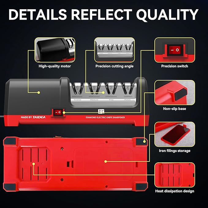 Electric Knife Sharpener, Professional Kitchen 4-Stage Knife Sharpening Kit, 3 Stage 100% Diamond Abrasive, Resin Polishing, 20° Precision Angle for Straight, Serrated Ceramic Knives