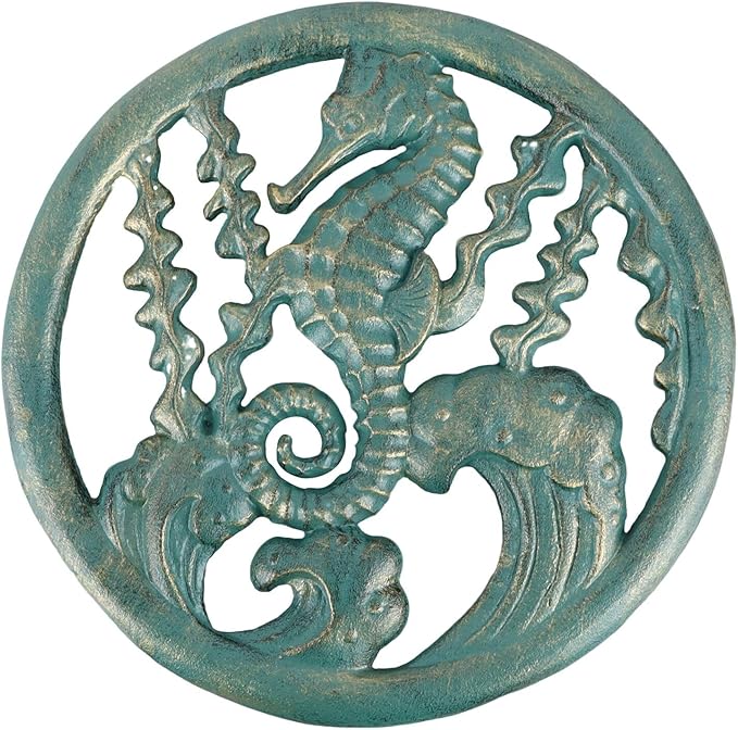 Cast Iron Trivet, Heavy Duty Pot Holder, Seahorse Seagrass Design, Heat Resistant Decorative Kitchen Dining Table Accessory for Hot Pans, Coffee Pots, BBQ
