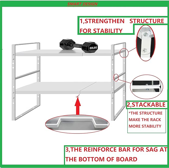 Expandable Stackable Spice Rack Cabinet Shelf Organizer in Cabinets Shelves Kitchen Cupboard Organization Stack up Racks Pantry Countertop Storage Large/White 1 Pack
