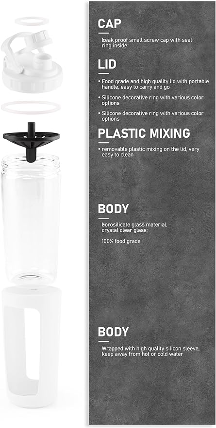 BYLWORKOUT Glass Shaker Bottle Holds upto 28oz | No Blending Ball or Whisk | Removable Plastic Mixer Included | Portable Drink Water Bottle Glass with Silicone Sleeve (White)