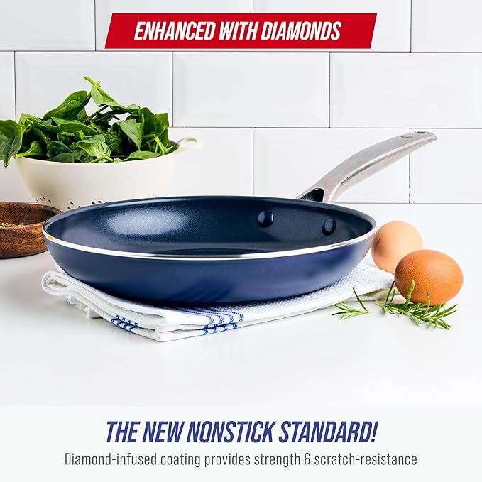 Blue Diamond 12" Nonstick Frying Pan Skillet, Diamond Infused PFAS & PTFE-Free Ceramic Pot, Dishwasher & Oven Safe, Stay Cool Handle, Durable Non Toxic Metal Utensil Safe, Egg & Omelet Pan, Blue