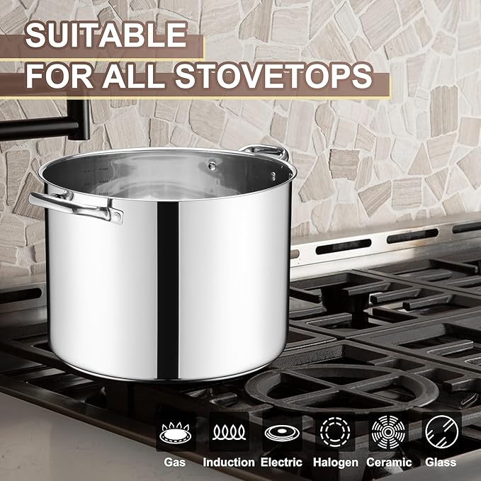 20 Qt Large Stock Pot, E-far Stainless Steel Stockpot with Lid for Boiling Cooking Soup Stew Canning, Heavy Duty Tri-Ply Bottom Works w/Induction, Commercial Grade & Dishwasher Safe