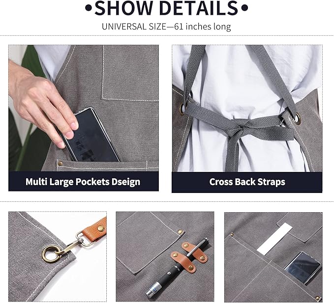 ZOMAO Chef Apron, Apron for Men Women with Adjustable Straps Cotton Canvas Cross Back Adjustable Apron with Pockets for Women and Men(Grey)