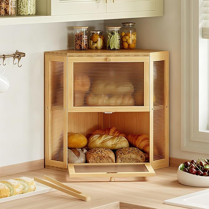 WOWLIVE Corner Bread Box for Kitchen Countertop, Double Layer Bamboo Bread Storage Container, Large Farmhouse Bread box with Acrylic Wavy Door Panel, Under Cabinet Organizer (Natural, Extra Large)