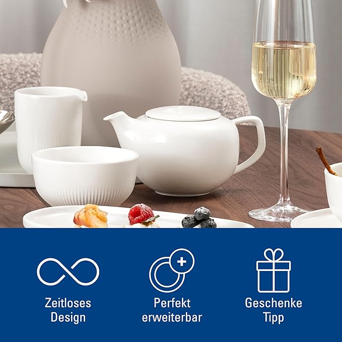 Villeroy & Boch Afina Teapot with Filter, Premium Porcelain, Made in Germany, Dishwasher and Microwave Safe, 17 oz, Loose Leaf Filter, White