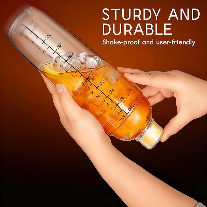 Plastic Cocktail Shaker with Measuring Scale 33oz (1000ml), Leak-Proof & Shatter-Resistant Drink Mixer for Bartending, Protein Shakes, Iced Coffee & Milk Tea