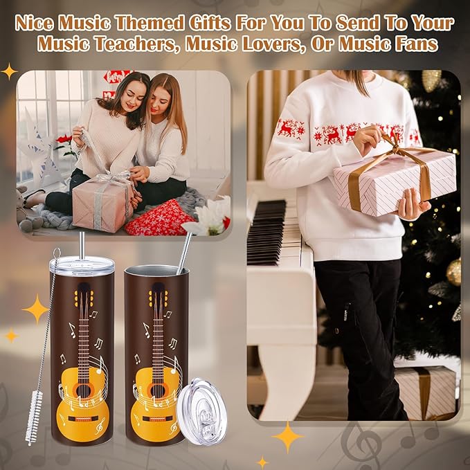 Umigy 2 Pieces Guitar Gift Tumbler with Lid Straw and Brush, 20 oz Musical Notes Travel Mug Stainless Steel Coffee Mug for Christmas Music Lovers Singers Teacher Birthday Gifts
