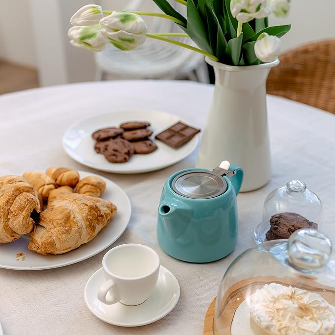 ORNA Ceramic Teapot with Tea Infuser – Small Tea Pot for Loose Leaf Tea – 550ml / 18.6 Oz Non-Stove Porcelain Teapot for 2 Cups with Tea Strainer (Turquoise)
