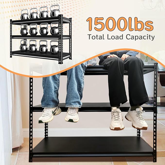 48''W Utility Garage Shelves: 1,500Lbs Heavy Duty Steel Metal Adjustable Shelving Storage Industrial Rack Units 3 Tier Black 48" W x 16" D x 36" H