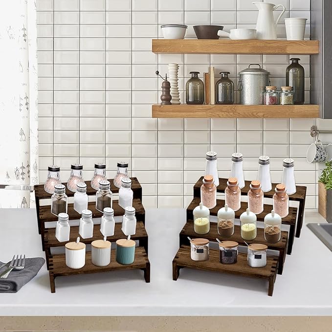 Large Display Wood Risers Wooden Stand 4 Tier Wood Racks, 2 Set 8 Pieces Cupcake Stands Cologne Perfume Organizer Dessert Stands for Vendors Event(Brown 8)