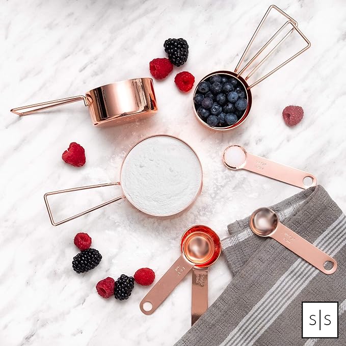 Copper Measuring Cups and Spoons Set – 8-Piece Stackable Stainless Steel Metal Measuring Utensils – Stylish and Sturdy Rose Gold Kitchen Accessories for Baking and Cooking