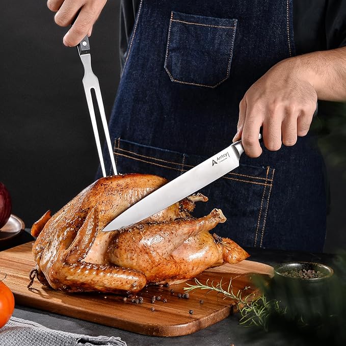 Turkey Carving Set,Full Tang Ergonomic Handle Carving Knife and Fork,German Stainless Steel Kitchen Tools for Turkey, Ham, BBQ,Includes Carving Fork & Knife with Gift Box