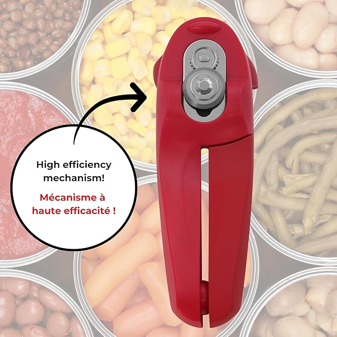 Starfrit MightiCan Can Opener - Safe - Holds Lid and Leaves No Sharp Edges on Lid - 3 Year Warranty - Comfort Grip - Heavy Duty Non-Slip Knob - Red