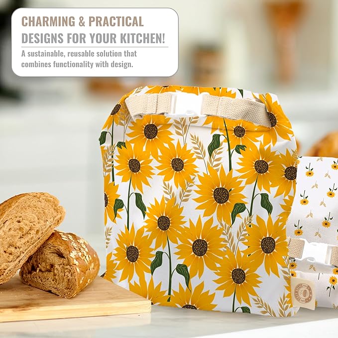 Cozy Bread® Reusable Bread Bag Set for Home Bakers | USA Brand | Charming Designs (Sunflower)