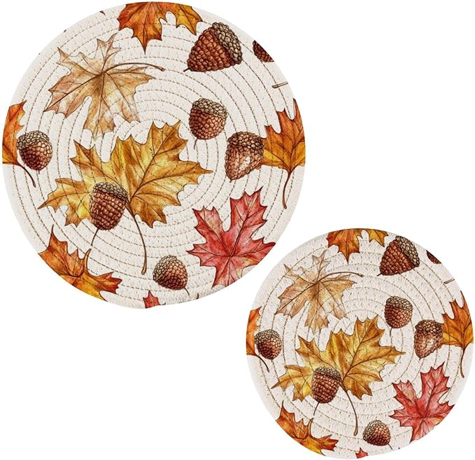 Maple Leaves Acorns Kitchen Trivets Pot Holders Set of 2, Trivets for Hot Pots Dishes Woven Trivet Coaster Pad Mat for Counter