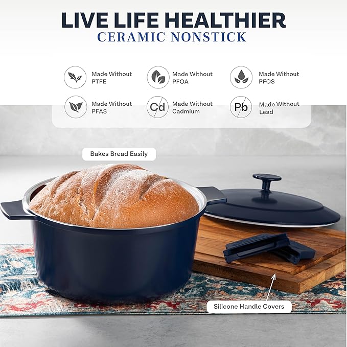 Gotham Steel 5 Qt Lightweight Dutch Oven Pot with Lid & Holders, Ceramic Non Toxic, Oven Safe & Even Heat Retaining Dutch Oven for Bread Baking Sourdough, Soup, Casserole, 70% Lighter than Cast Iron