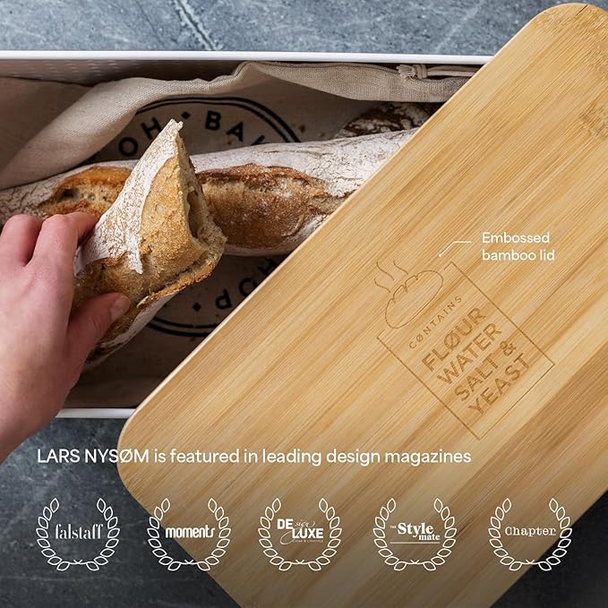 LARS NYSØM Bread Box I Metal Box with linen bag for long lasting freshness I Bread Bin with bamboo lid usable as cutting board I 13.4x7.3x5.3In (Taupe Brown)