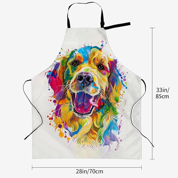 Golden Retriever Apron for Women, 28x33in, Kitchen Chef Aprons with 2 Pockets, Polyester, Colorful Animal Dog Apron for Cooking BBQ Baking Gardening Chef, Gifts for Mom Wife Dad