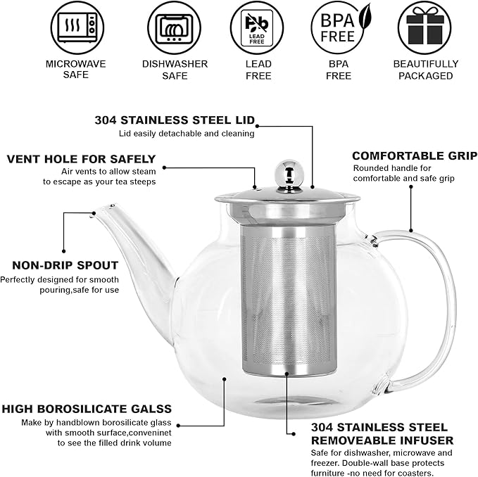 Long-Mouth Glass Teapot 34oz/1000ml with Removable Loose Tea Infuse - Glass Tea Kettle for Stove Top Removable Stainless Steel Strainer, Microwave & Dishwasher Safe, Tea Maker