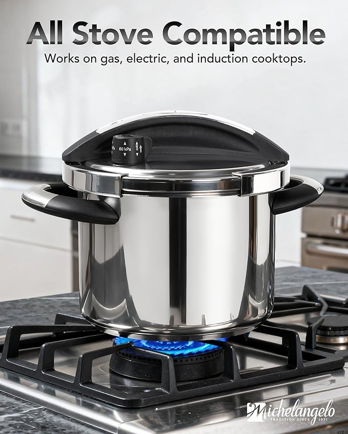 MICHELANGELO Small Pressure Cooker Stainless Steel, 3.2 Quart Olla de Presion, One-Hand Locking System, Induction Compatible, with Glass Lid & Steamer