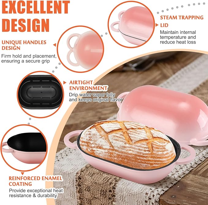 Enameled Cast Iron Sourdough Bread Oven, 5QT Loaf Cast Iron Bread Pan with Lid, Oval Dutch Oven for Homemade Bread Baking (Gradient Pink)