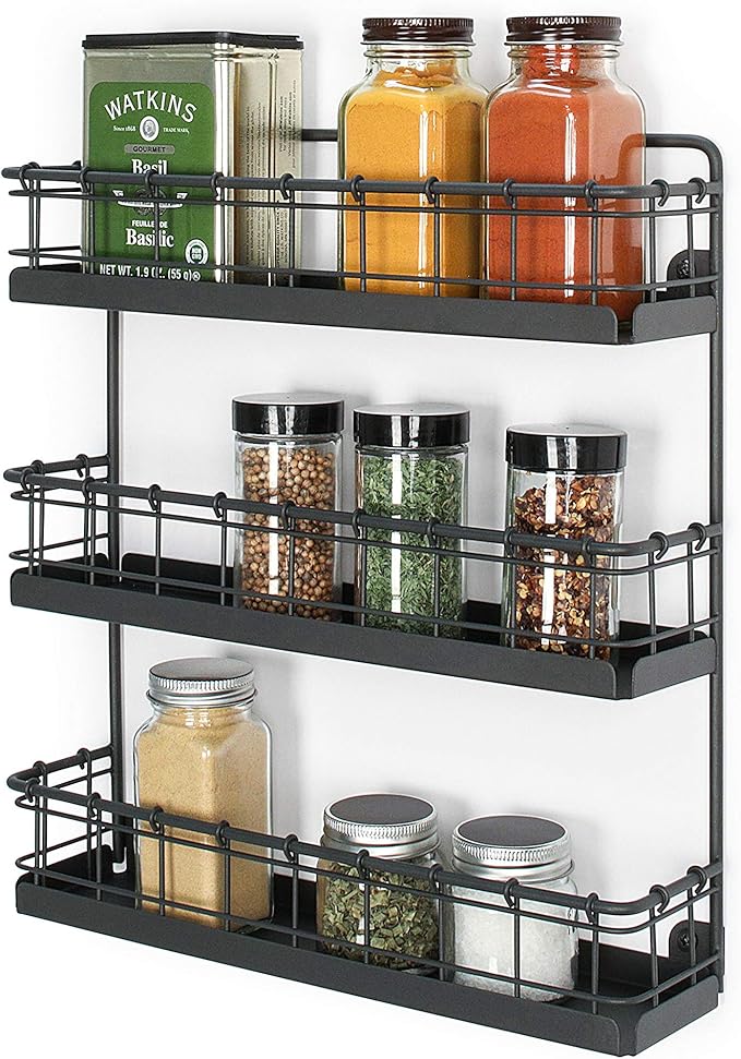 Spectrum Diversified Storage for Kitchen, Pantry, Cabinet, Industrial Gray Spectrum Vintage Wall-Mount 3-Tier Spice Rack, Large
