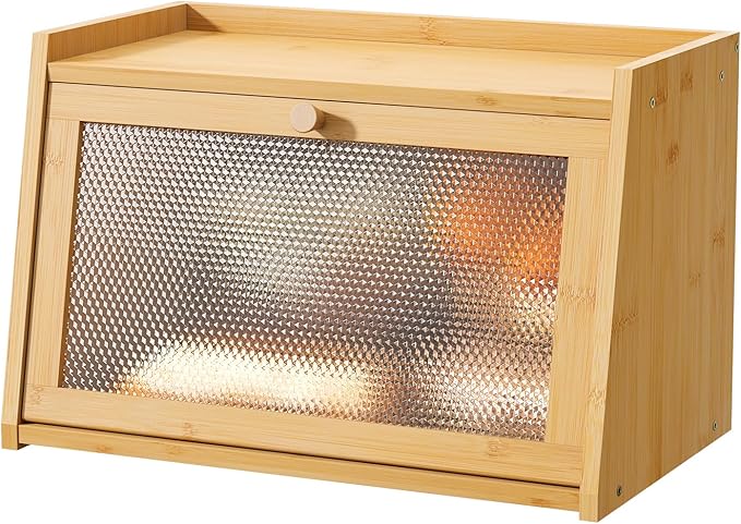 Large Farmhouse Bread Box with Window - Natural Wood Bread Storage Container for Kitchen Countertop