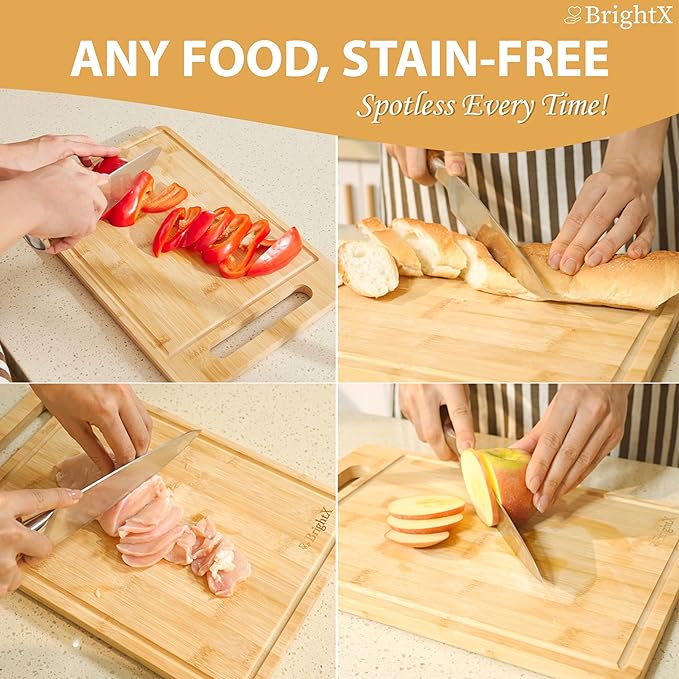 BRIGHTX Premium 3pc Bamboo Cutting Boards for Kitchen - Small, Medium & Large Wooden Cutting Boards for Kitchen | BPA-Free, Dishwasher Safe Cutting Board Set | Best Non-Toxic Wood Cutting Board Set