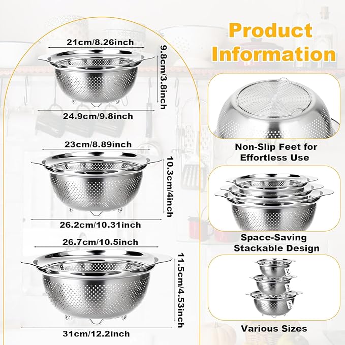3 Pcs Stainless Steel Colander Strainer Set Metal Colander for Kitchen Pasta Strainer for Rice Food Fruits Spaghetti Vegetables (2QT, 3QT, 5QT)