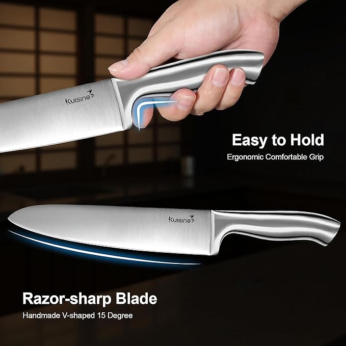 KUISINE Upgraded Premium Chef Knife Set,High Carbon Stainless Steel Razor-sharp Blade Ergonomic Non-slip Steel Handle,Block Knife Set with Built-in Sharpener(Black Silver,15PCS)