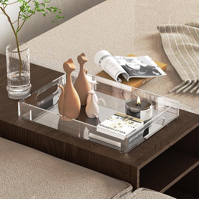 2 Pack 12"x17" Acrylic Serving Tray with Handle-Clear Acrylic Trays for Serving Food -6mm Thick Large Outdoor Lucite Tray-Stackable Makeup Organizer(12X17X2.4, 11.2X16.2X2.4)