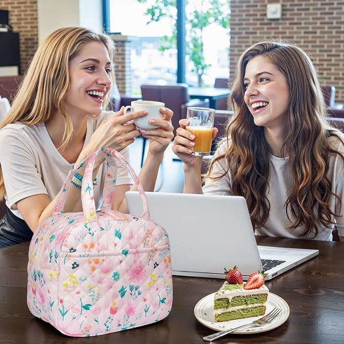 Quilted Lunch Box for Women,Lunch Box for Teen Girls,Cute Colorful Floral Lunch Bags for Work, School,Office,Picnic,Travel (Watercolor floral)