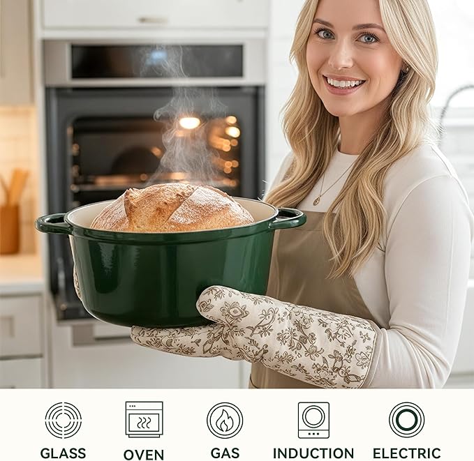 6 Quart Dutch Oven Pot with Lid, Non Stick Enameled Cast Iron Dutch Oven for Bread Baking, Heavy-Duty, Oven Safe Ceramic Cookware Up to 500°F for Baking, Braising, Stews, Roasting, Green