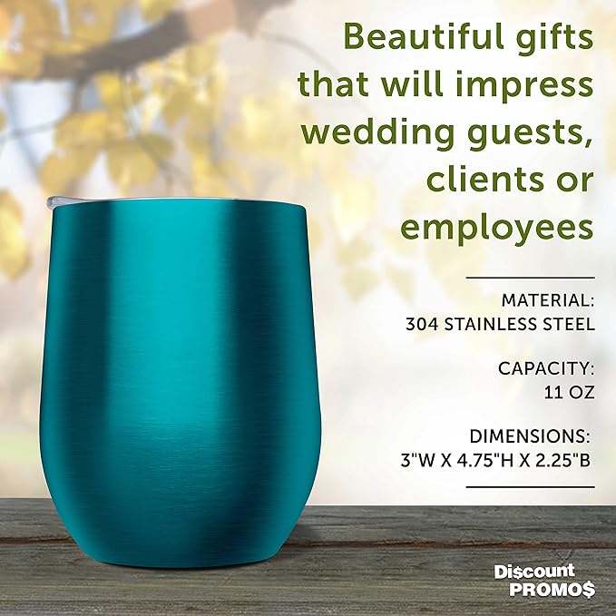 DISCOUNT PROMOS Stemless Wine Glass Tumblers with Lids by Largo 11 oz. Set of 6, Bulk Pack - Perfect for Wine, Cocktails, Other Hot & Cold Beverages - Teal