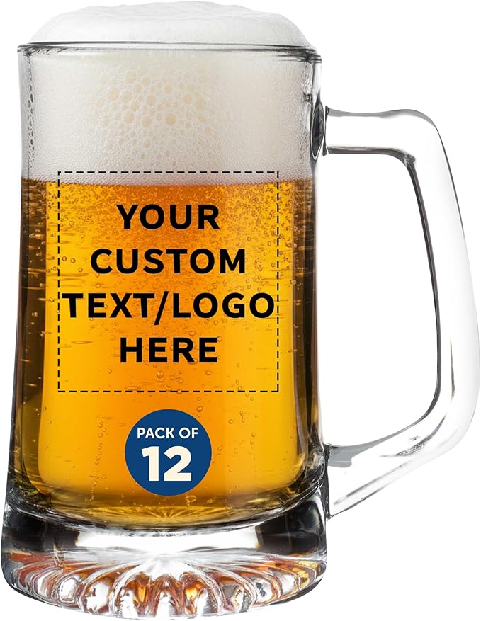 DISCOUNT PROMOS Custom ARC Glass Beer Mugs 25 oz. Set of 12, Personalized Bulk Pack - Great for Octoberfest, Pub, Restaurant - Clear