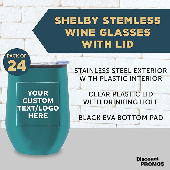 Custom Stemless Wine Tumblers 12 oz. Set of 24, Personalized Bulk Pack - Insulated, Perfect for Wine, Cocktails, Other Hot & Cold Beverages - Teal
