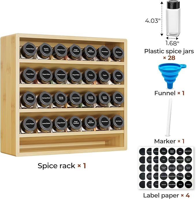 Orimade 4 Tier Spice Rack Organizer for Cabinet with 28 Plastic Spice Jars, Freestanding Bamboo Seasoning Rack for Countertop, Cupboard, Pantry, Kitchen, 13.18 x 4.13 x 12.2 inches