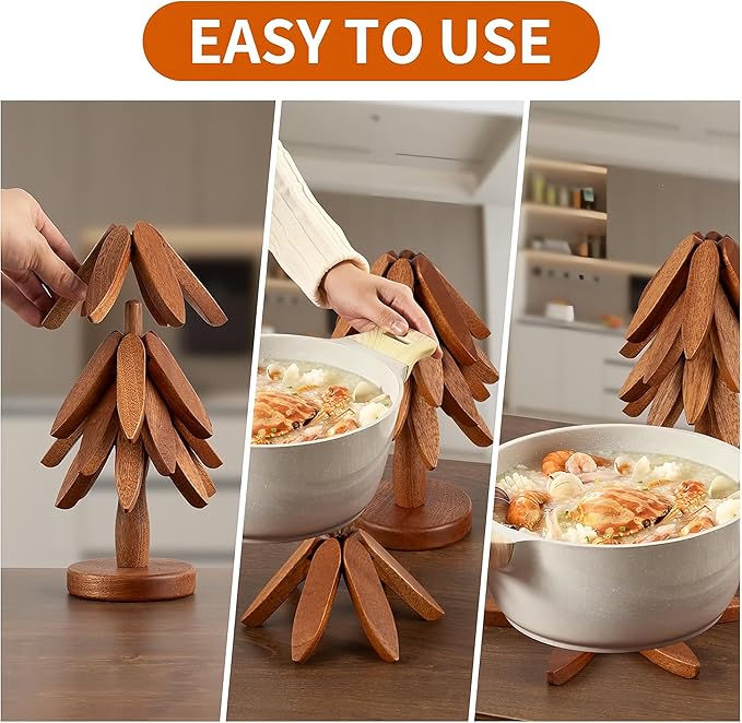 Wooden Trivets for Hot Dishes，Natural Tree Trivet Set，4 Walnut Wood + 1 Stand stored Like a Christmas Tree.Wooden Tree Coasters,Trivets for Hot Pots and Pans.