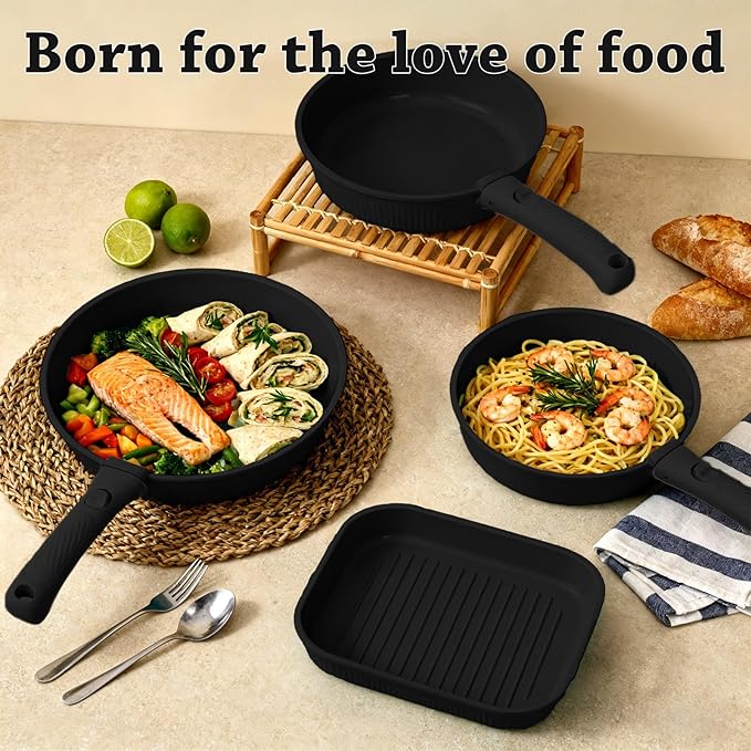 24 Pcs pots and pans set,pots and pans set non stick,Oven-safe and dishwasher-safe,PFAS/PFOA Free,Induction Dishwasher Oven Safe cookware set (Black)
