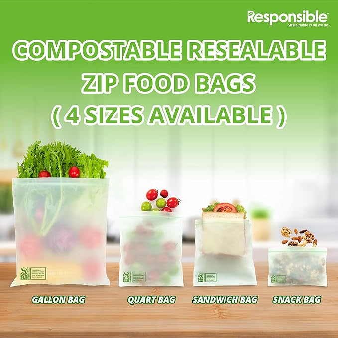 Certified Compostable QUART Resealable Zip Bag, Extra Strength Food Bags, Plant-Based Freezer-Safe (116 Pack)